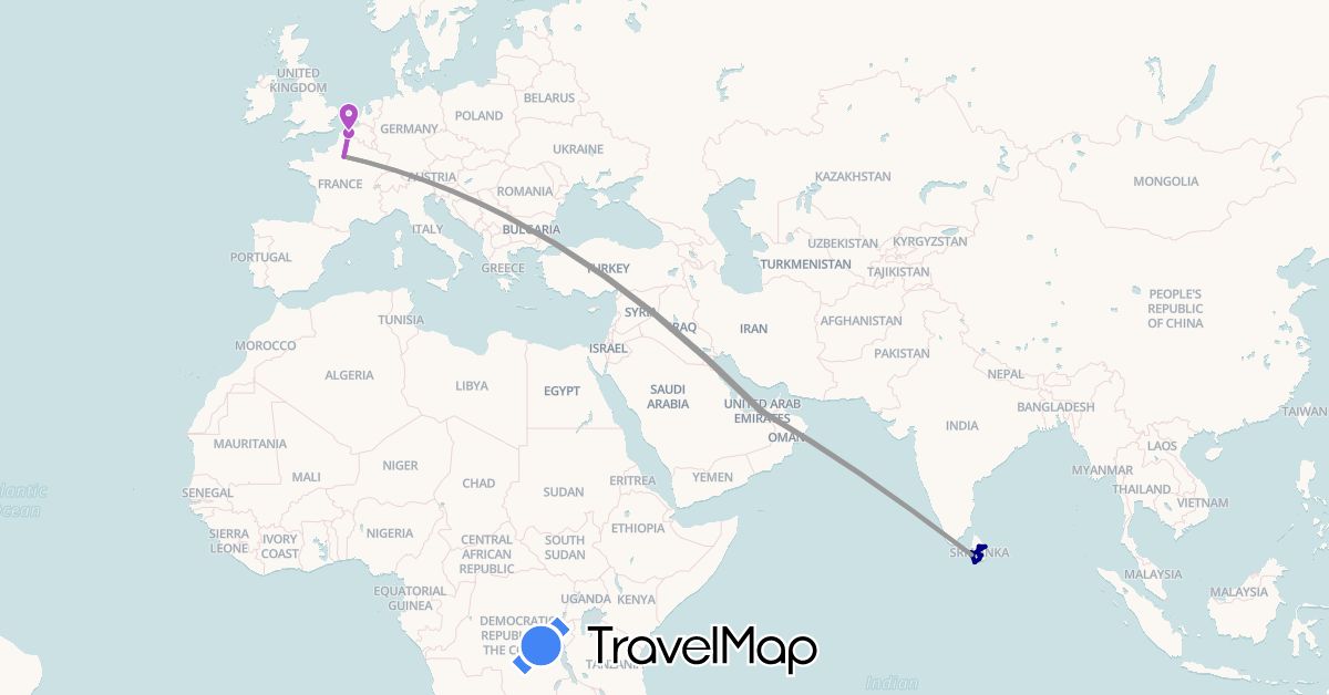 TravelMap itinerary: driving, plane, train in United Arab Emirates, Belgium, France, Sri Lanka (Asia, Europe)